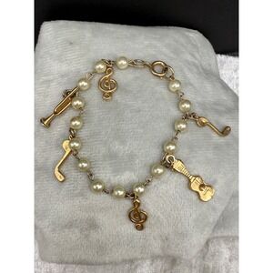 Vintage‎ Music Charm Bracelet Faux Pearl Gold Tone Size 7"